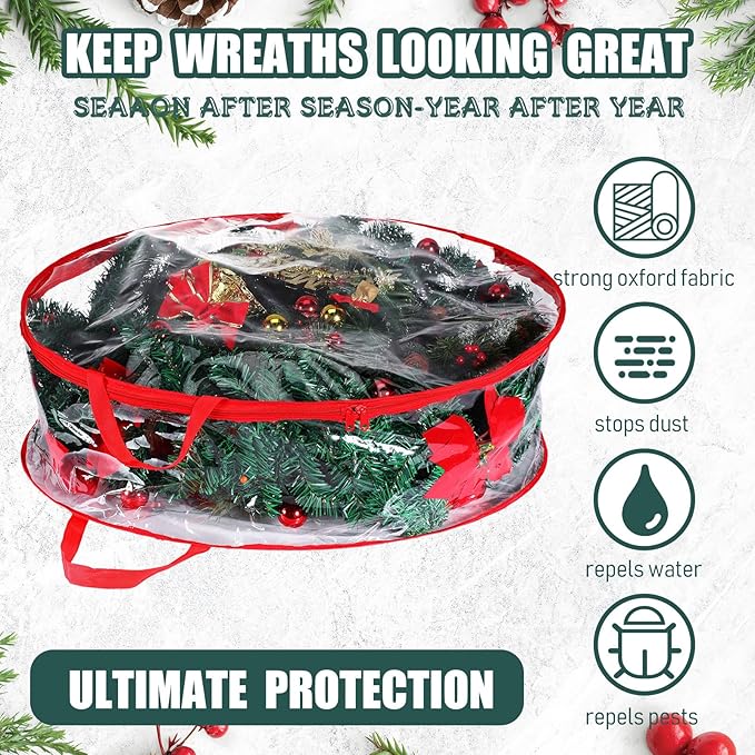 Shappy 6 Pieces Clear Christmas Wreath Storage Container 24 Inches Xmas Wreath Storage Bag Plastic Christmas Garland Container with Dual Zippers and Reinforced Handles for Xmas Seasonal (Red)