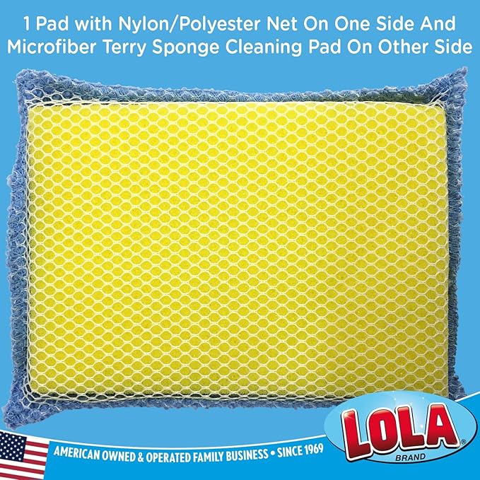 LOLA Microfiber Terry & Nylon Net Sponge Scrubber Pad, 6 Pack, Non Scratch 2-Way Cleaning, Gently Scrubs & Wipes Clean