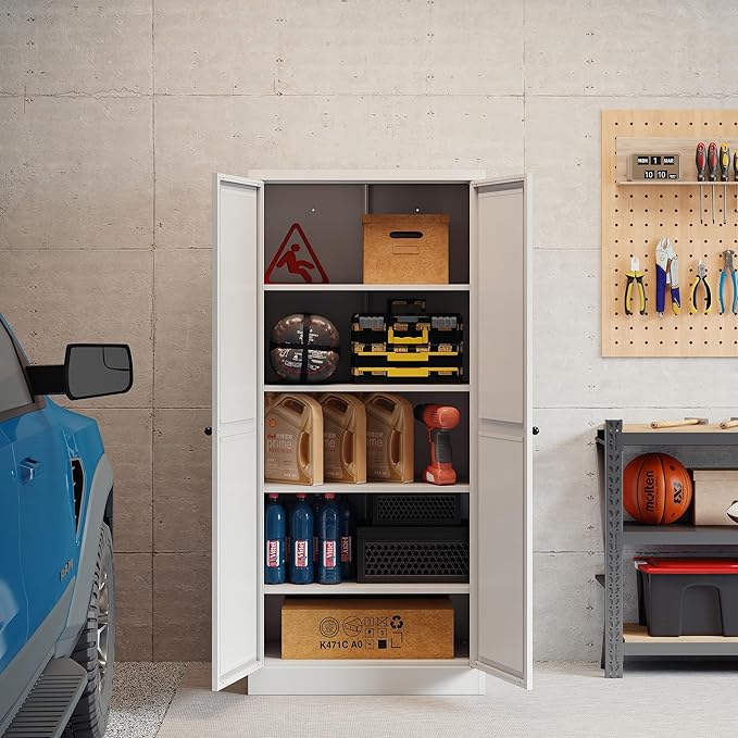 Kitchen Pantry Cabinet, 61" H Storage Cabinet with Doors and Adjustable Shelves, Metal Bathroom Cabinets, Utility Cabinets for Kitchen, Garage, Assemble Required, White