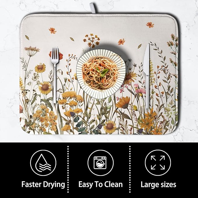 Kwlegh Fall Floral Dish Drying Mat for Kitchen Counter Autumn Burnt Orange Wild Flowers Dish Draining Mat Absorbent Microfiber Dishes Pad Washable Dish Drainer Rack Mat Large 18"x24"