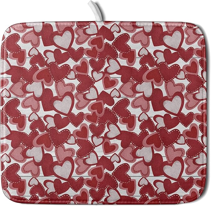 Valentines Day Dish Drying Mat for Kitchen Counter 18x16 Inch Love Drying Mat with Absorbent Reversible Microfiber Red Grey Heart Dish Drainer Mats Rack Pad for Coffee Countertop Protector