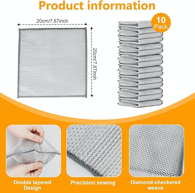UFOGIFF Multipurpose Wire Dishwashing Rag,Non Scratch Wire Dishcloth, Reusable Steel Wool Scrubber,Non-Scratch&Quick-Drying&Odor-Resistant Multi-Purpose for Kitchen,Bathroom Cleaning (10)