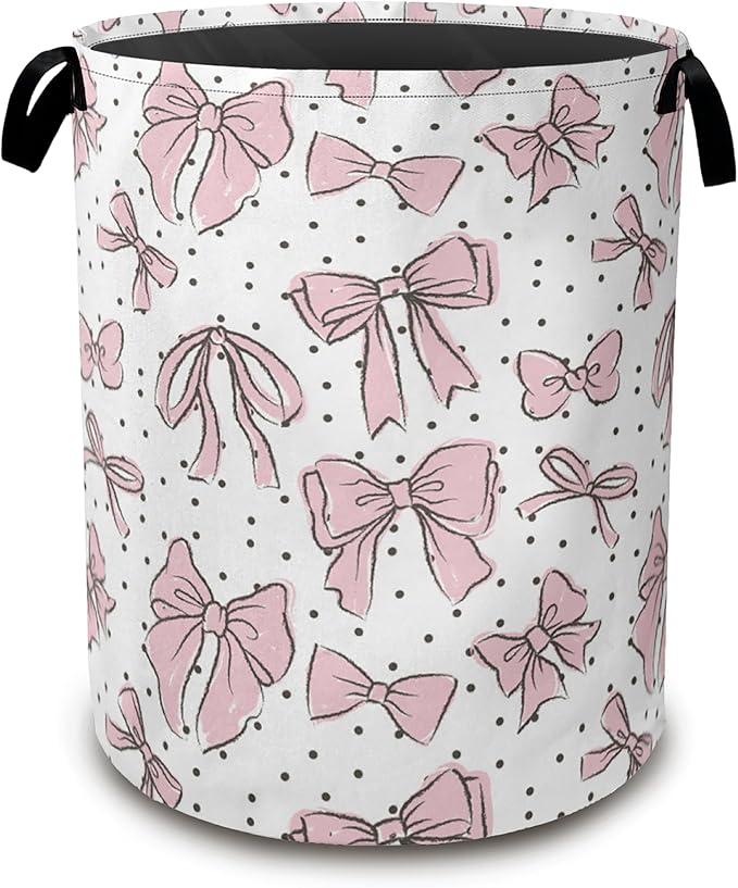 Pink Bow Collapsible Laundry Baskets,Black Dots Laundry Hamper,Storage Basket with Handles for Bathroom Bedroom College Dormitory Living Room Nursery Organizer 16"x20"