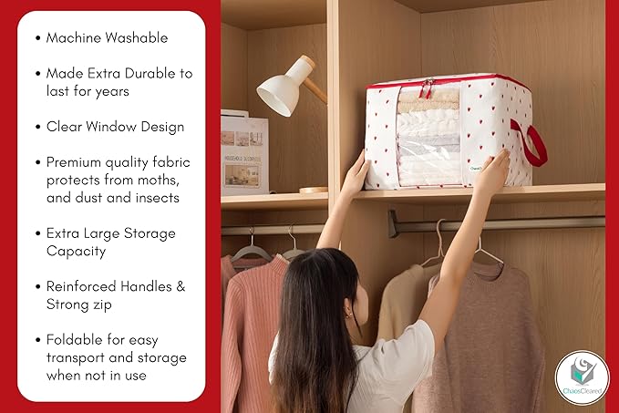 Canvas Storage Bags Designer Organizer 2 Pack – Seasonal Storage for Sweaters, Blankets, Linens & Garments – Foldable Design with Zip & Window, Moth-Proof Space Saver, Strawberry Print