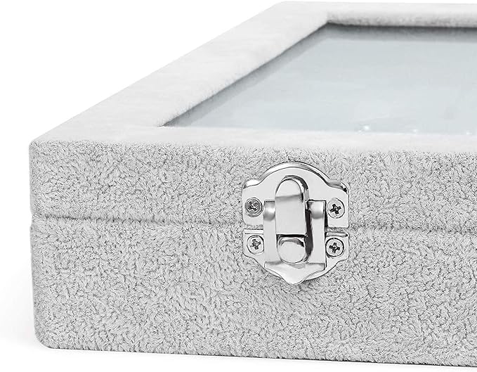 Jewelry Tray Ring Organizer Box with Clear Lid Velvet Tray for Jewelry Storage Display Case, 10 Slots Can Hold 100 Rings Earrings Dustproof Necklace Jewelry Box Organizer & Tray (Grey)