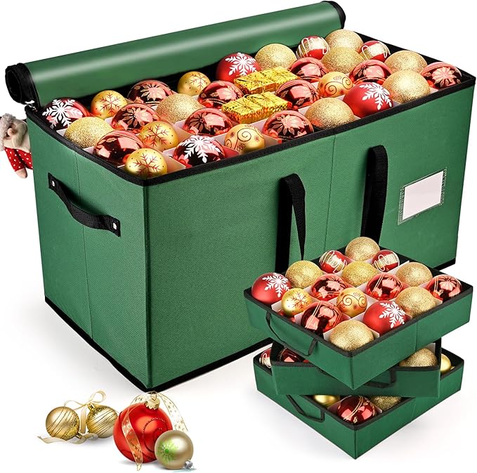 Mrrihand Christmas Ornament Storage Box, Ornament Storage Container with 8 Trays-Xmas Decoration Organizer Keeps 128 Holiday Ornaments 3-Inch, Dual Zipper Closure, 600D Tear-Proof（Green）