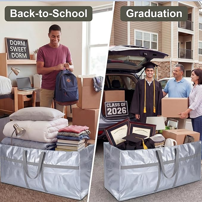 Windyun 4 Pack 69 Gallon Extra Large Moving Bags XXL Heavy Duty Storage Bag with Strong Zipper Handle Jumbo Big Tote Box Foldable for College Dorm Travel Clothes Duffle Blanket Pillow(Silver)