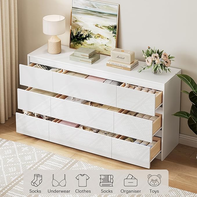 White Dresser for Bedroom,60.4" W High Gloss Large 9 Drawers Dressers with Handle Free, Wide High Gloss Chest of Drawers Large, Long Modern Storage Drawer Dresser for Bedroom, Living Room