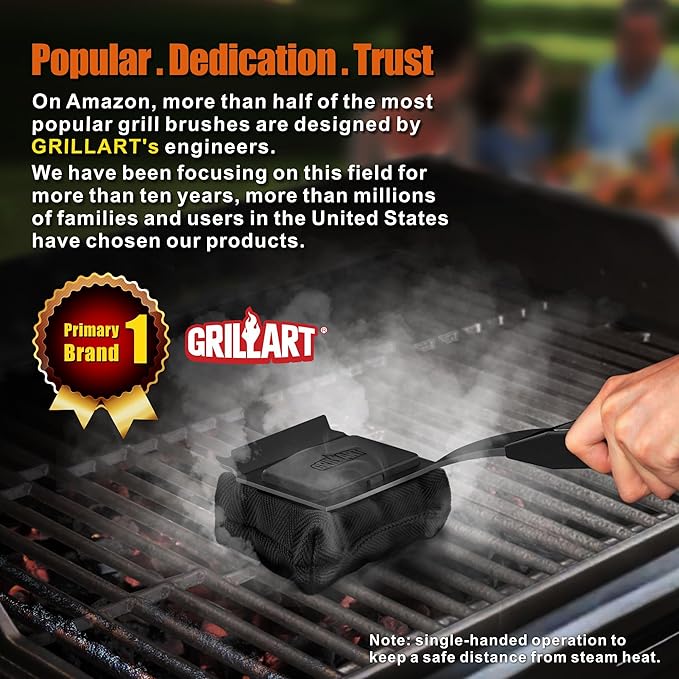 GRILLART Grill Brush Bristle Free. SteamWizards BBQ Replaceable Cleaning Head, Seamless-Fit Scraper Tools for Cast Iron/Stainless-Steel Grates Griddle, Safe Barbecue Grill Cleaner Brush-Dark Black