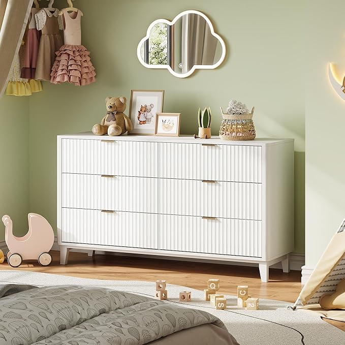 WLIVE Fluted Dresser for Bedroom with 6 Drawers, 54" Wide Wood Dresser with Golden Metal Handles, TV Stand for 65 inch TV, Mid Century Modern Chest of Drawers for Living Room, Hallway, Closet, White
