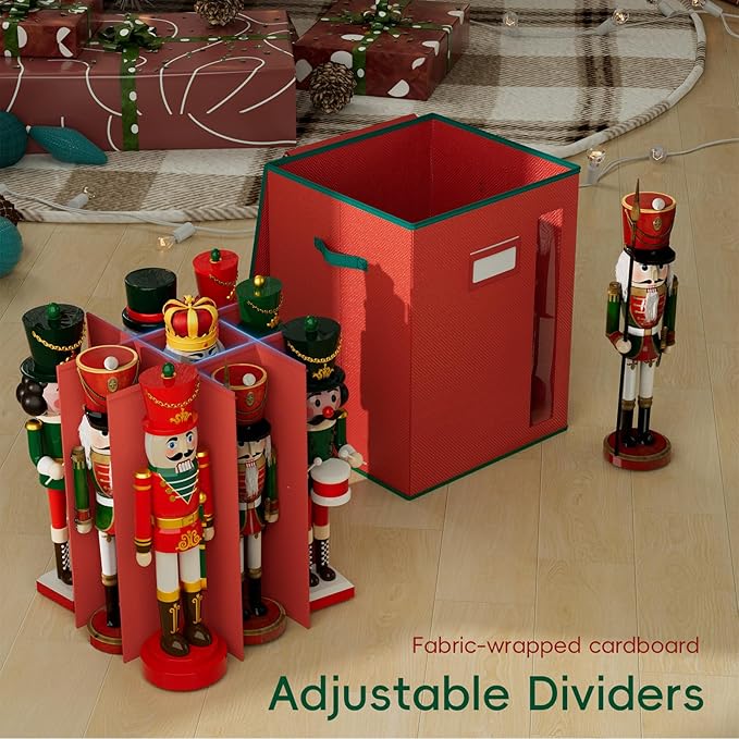 VERONLY Christmas Nutcracker and Figurine Storage Box, Holds 9-16" Tall Nutcracker Ornaments, Foldable Holiday Decoration Organizer with Removable Dividers & View Window (Nutcracker Not Included)