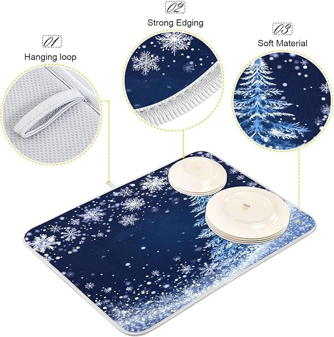Christmas Tree Blue Dish Drying Mat for Kitchen Countertop 16x18 Winter Snowflake Silver Xmas Small Drying Mat Reusable Quick Dry Dish Sink Mats Easy Clean Decorative Essentials