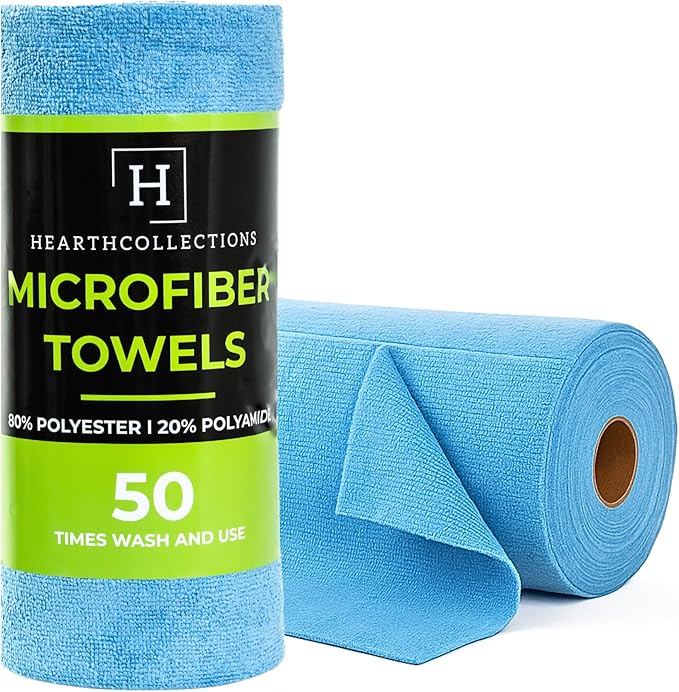 Microfiber Cleaning Cloth Roll Tearaway, 50 PCS Tear Away Towels, Reusable & Washable, Ultra Absorbent 12" x 5.5" Dish Rags for Car, Home, Kitchen, , 200 GSM Thickness, Paper Towel Alternative