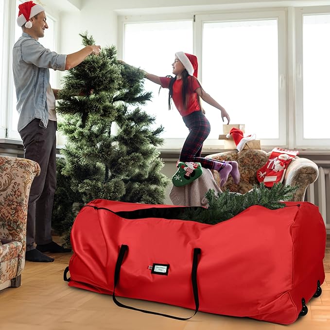 Holiday Cheer Christmas Tree Storage Bag with Wheels – Heavy Duty Christmas Tree Bag Fits Up to 9ft Tall Artificial Christmas Tree, Waterproof, Durable Handles & Zipper – Xmas Tree Storage Bag (Red)