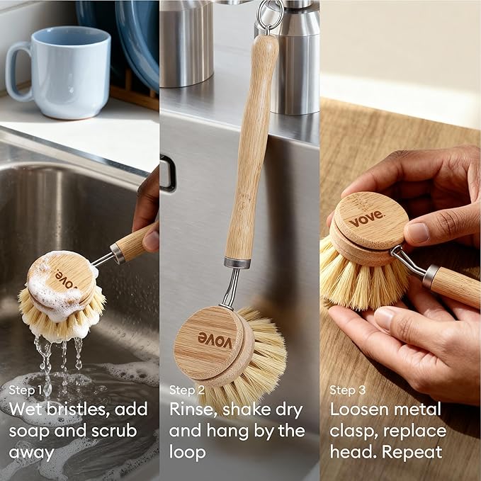 Vove Bamboo Dish Brush, FSC-Certified - Includes 3 Replacement Heads - Natural Fiber Bristles - Non-Toxic, Plastic-Free - Scrub Brush for Pots, Pans & Dishes