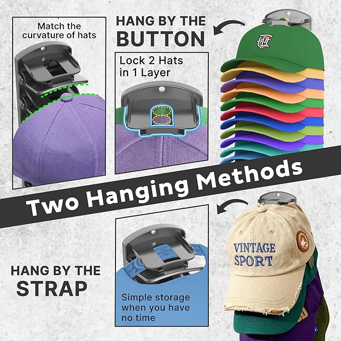 genicuts Double Capacity Hat Organizer for Baseball Caps 2 Packs - 40 Cap Storage with Spring Clips, Wall Mount Closet & Door Hat Rack Holder Hanging(Strong Adhesive & Screws) Matte Black