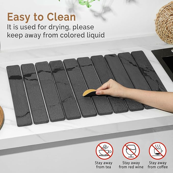 Large Stone Dish Drying Mat for Kitchen Counter, 2PCS 24"×16" & 8“x4" Quick Dry Stone Dishes Mats, Marbled Water Absorbing Diatomaceous Earth Drying Pad for Countertop Bottles Utensils Cups,Dark Gray