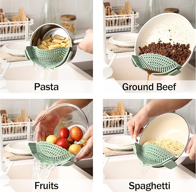 Adjustable Over the Sink Colander Strainer, Silicone Clip On Strainer for Pots Strainers and Plastic Colanders Drainer Basket for Food Pasta Vegetables Kitchen, Extendable 14.5"-19.5", Green