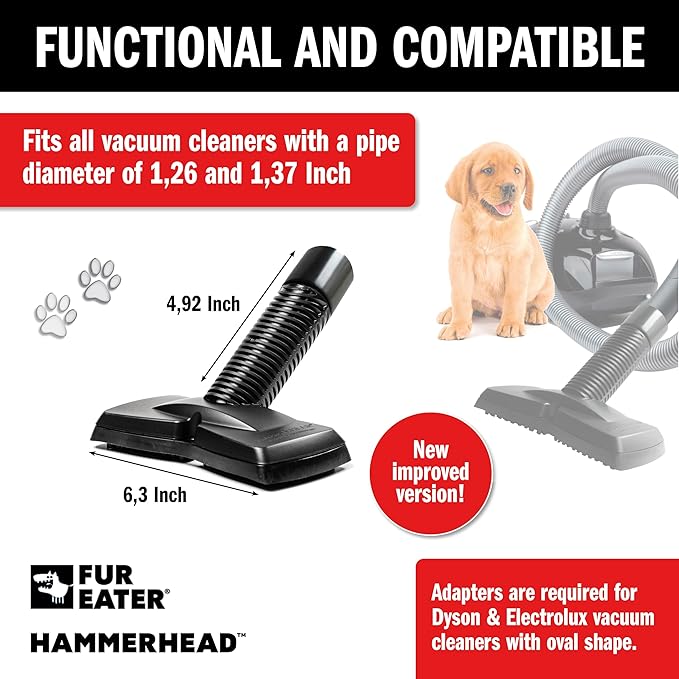 FurEater Vacuum Cleaner Brush Attachment for Removing Pet Hair (2.0 Improved Version) Cats & Dogs Lint Remover for Furniture, Carpets, Car Detailing, Universal Fit with Adapter 1 1/4 and 1 3/8 inches