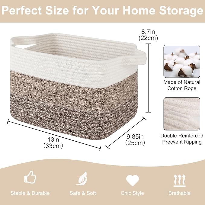 Storage Baskets for Organizing, Woven Baskets for Shelves, Rectangle Decorative Organizer for Storage Clothes, Toy, Books, Towels Nursery Bins 3 Pack (Gradient Dark Brown, 13"x9.85"x8.7")