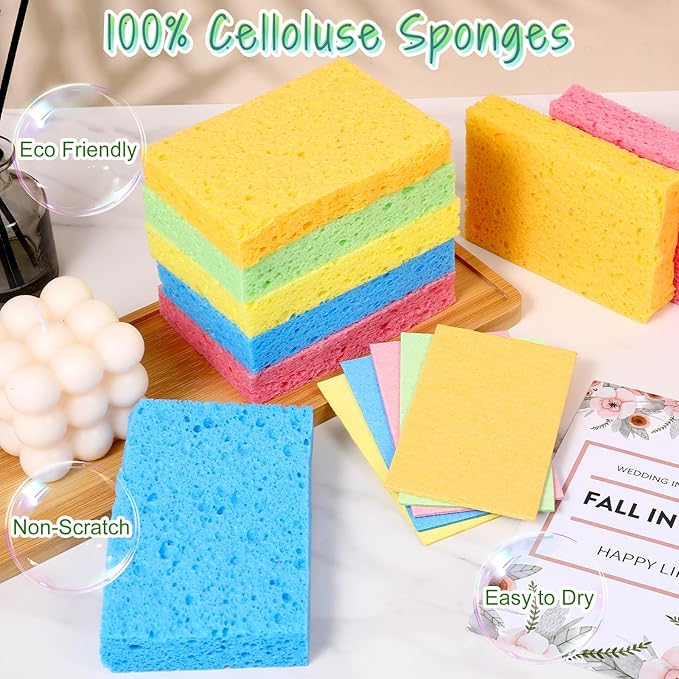 100 Pack Multi-Purpose Sponge Pads, Thickened Kitchen Sponge Bulk Reusable Absorbent Compressed Wood Pulp Dish Sponges for Cleaning, Effective Clean Surface Stains Without Scratching for Kitchen Bath