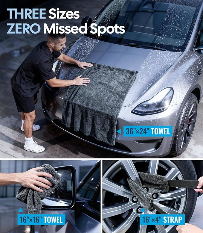 Wigoo Microfiber Car Drying Towels 36" x 24" [1300GSM Ultra-Absorbent, No Streaks & Scratches] Dual-Sided Edgeless Cleaning Towel with Twisted Loop, for Auto Detailing, Car, SUV, Truck (3-Size Set)