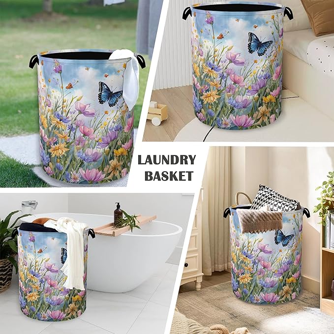 Wildflowers Butterfly Laundry Basket,Floral Garden Oxford Cloth Laundry Hamper with Handle Foldable Portable Clothes Storage Basket for Bathroom Bedroom Dorm Room 16" x 20.8"