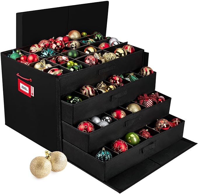 HOLDN’ STORAGE Christmas Ornament Storage Box with Dividers, Stores Ornaments up to 96 of 3 Inch Large Christmas Ball Storage Containers with 4 Trays - Black