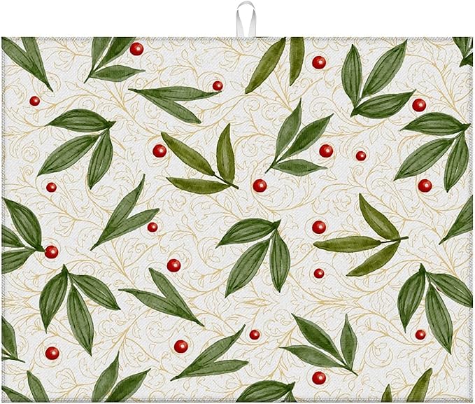 Dish Drying Mat For Kitchen Counter, Green Leaves Beige Microfiber Absorbent Dish Drainer Rack Pad Reusable Large 18x24in Drying Mat