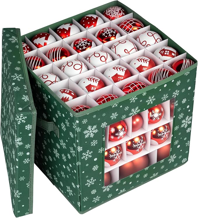 Christmas Ornament Storage Box, Green Snowflakes Christmas Ornament Boxes Storage, Fits 83 Christmas baubles 3cm-8cm, suitable for Holiday Ornaments - 600D Oxford Christmas Ornament Organizer