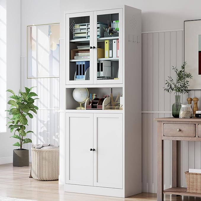 Kitchen Pantry Cabinet, 72" H Storage Cabinet with Glass Doors and Adjustable Shelves, Metal Bathroom Cabinets, Utility Cabinets for or Kitchen, Living Room, Assembly Required, White