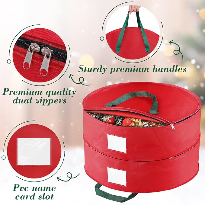 Wreath Storage Container, Christmas Wreath Storage Bags for 2 Wreath with Dual Zipper and Handles, Dust, Pest Protection,Holiday Wreaths Storage Holder 24” (RED)