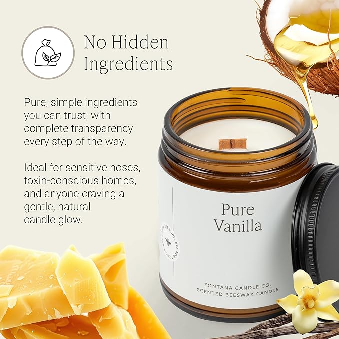 Fontana Candle Co Wood Wick Beeswax Jar Candles, Pure Vanilla - Made with Coconut Oil & Pure Essential Oils – Clean Burn, Long Lasting and Non-Toxic Candles for Home & Room Decor