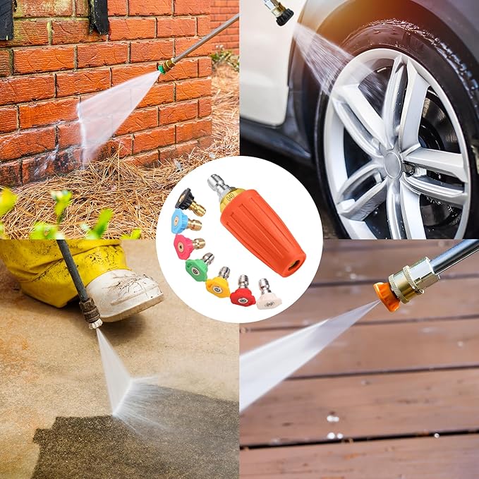 VORIGY 4000 PSI Orange Turbo Nozzle Pressure Washer Tips 1/4" Quick Connect with 7 Power Washer Nozzle Tips Kit Multiple Degrees (0, 15, 25, 40, 65, Rinse1, Soap2) for Car Concrete Brick