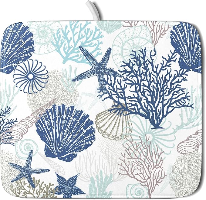 Summer Navy Blue Dish Drying Mat for Kitchen Counter 16×18 Inch Coral Drainer Pad Washable Starfish Dish Rack Pad Drainer Mat Beach Absorbent Reversible Microfiber Dish Drying Pad for Coffee Bar