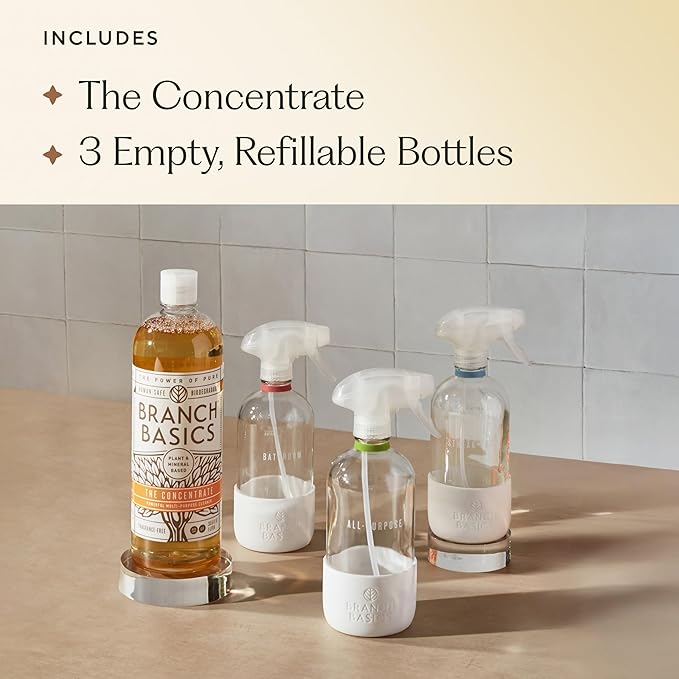 Branch Basics Cleaning Essentials Kit: All Purpose, Glass and Bathroom Cleaner - Concentrate (33.8 Oz) (24 Refills) + Refillable Glass Spray Bottles (16 Oz) Plant Based, Human-Safe, & Fragrance Free