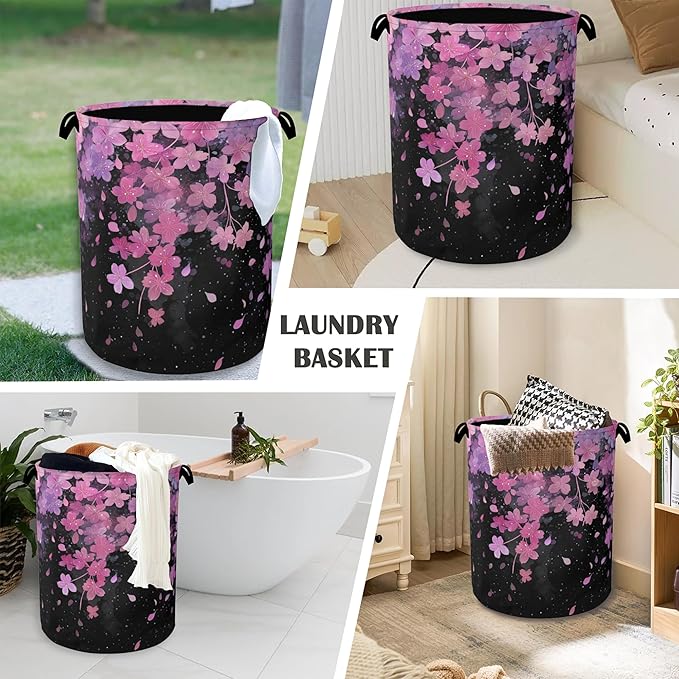 Cherry Blossoms Laundry Basket,Foldable with Handles Tote Bag Oxford Cloth for Bathroom Bedroom Dirty Clothes Storage Bucket 16" x 20.8"