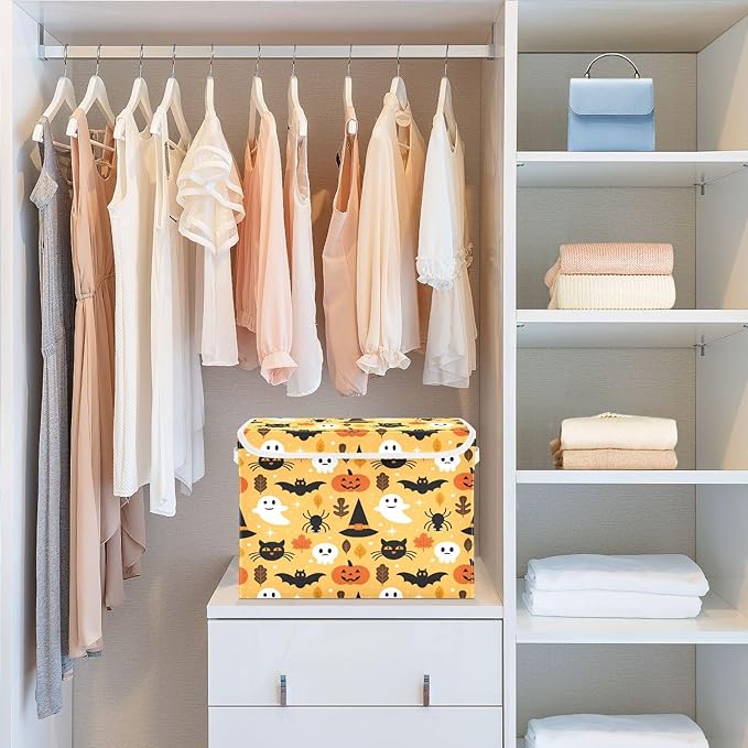Bolaz Storage Bins with Lids and Handles, Halloween Seamless Pattern Design with Ghost Skull Pumpkin and Cat Storage Box Storage Basket with Cover Collapsible Organizer Containers for Home