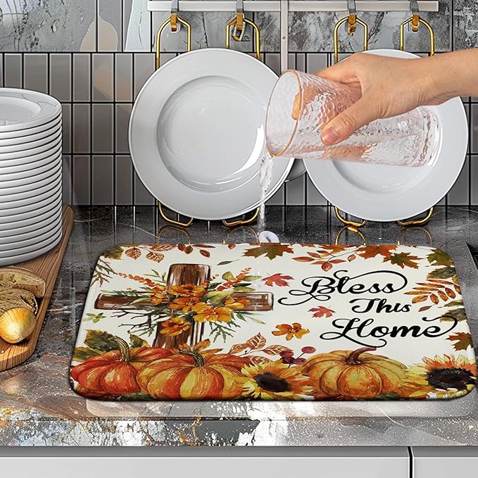 Wnoesat Fall Drying Mat for Kitchen Counter Autumn Thanksgiving Pumpkin Cross Dish Mat Sunflower Maple Leaf Absorbent Microfiber Dish Draining Mat Reusable Dishes Pad Medium 16"x18"