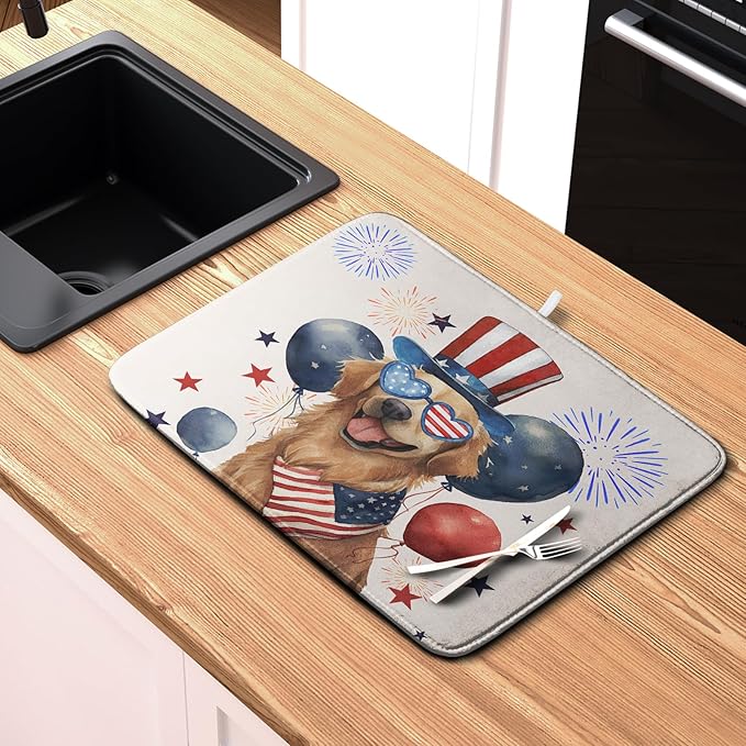 4th of July Patriotic Dog Dish Drying Mat 16 x 18 Inch US Independence Day Blue White Red Kitchen Drying Mat Firework Holiday Dish Drainer Mats Super Absorbent Dish Rack Pad for Kitchen Counter