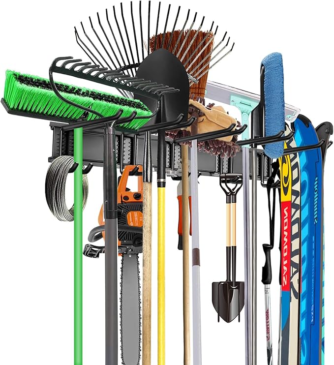 WALMANN Wall Mount Tool Organizer, Mop and Broom Holder, Garage Tools Storage Rack, Heavy Duty Garden Tool Storage Rack, Holds Up to 300 lbs