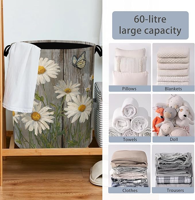 Vintage Daisy Laundry Basket,Wooden Butterfly Oxford Cloth Laundry Hamper with Handle Foldable Portable Clothes Storage Basket for Bathroom Bedroom Dorm Room 16" x 20.8"