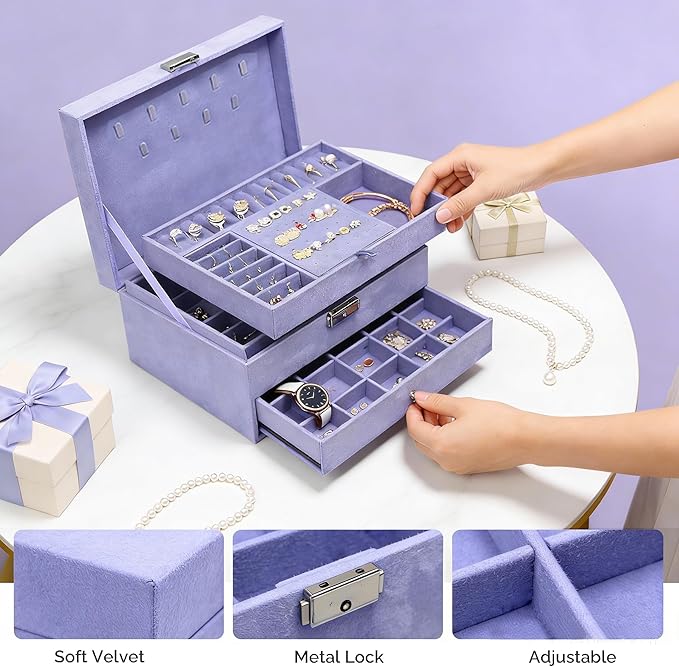 Jewelry Organizer Box for Women with Drawers, 3-Tier Large Capacity Jewelry Storage Organizer Vintage Lockable Display Case with Compartments for Necklaces, Bracelets, Rings, Earrings