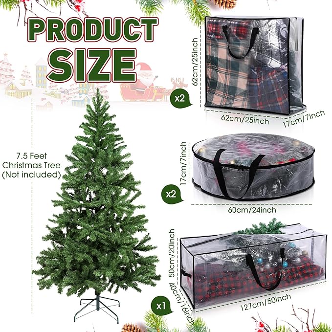 5 Pack Christmas Storage Bags, 7.5 Ft Christmas Tree Large Bag, 24" Wreath Containers and 25" Garland Packing Tote Moving Bags with Handle Zipper for Artificial Xmas Tree Wreath Garland