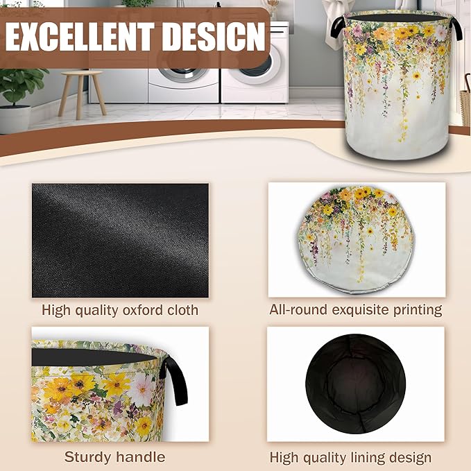 Colorful Flowers Laundry Basket,Watercolor Plants Laundry Hamper Waterproof Oxford Cloth Tote Collapsible,Clothes Storage Bucket Decorative Toy Organizer For Bathroom Bedroom 16" x 20.8"