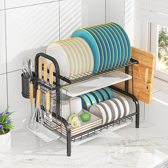 LEGUANG 2-Tier Stainless Steel Dish Drying Rack, Space-Saving Kitchen Organizer for in/Over Sink/Counter, with Removable Drain Tray & Cutlery Holder & Utensil Holder, Black