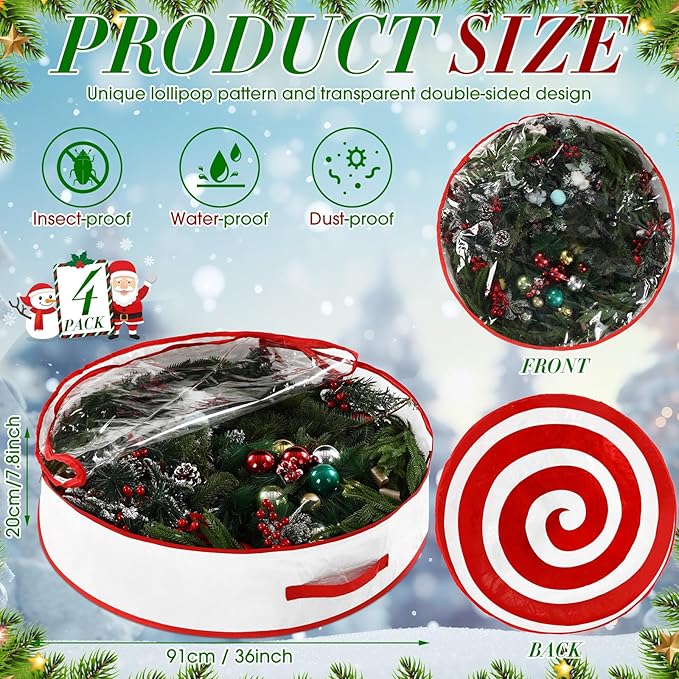 4 Pcs 36 Inch Christmas Wreath Storage Bag Candy Cane Wreath Storage Container Clear Window Dual Zipper Handle Red White Peppermint Garland Organizer for Holiday Decoration, Classic Lollipop