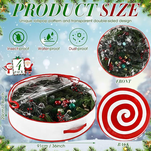 4 Pcs 36 Inch Christmas Wreath Storage Bag Candy Cane Wreath Storage Container Clear Window Dual Zipper Handle Red White Peppermint Garland Organizer for Holiday Decoration, Classic Lollipop
