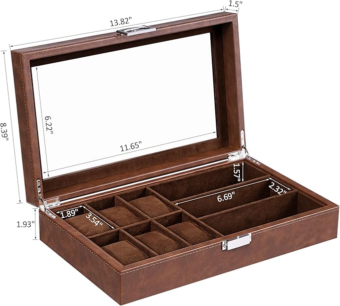 BEWISHOME Watch Box 6-Slot Watch Case and 3-Slots Sunglasses Box for Men, Sunglasses Storage with Large Glass Lid, Jewelry Box for Men Women Brown SSH18Z