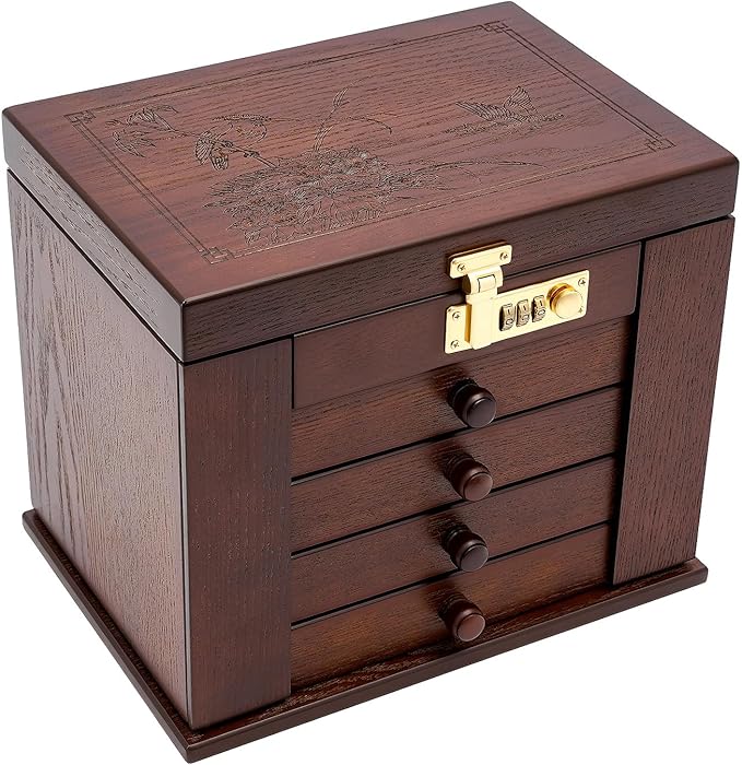 Wooden Jewelry Box, 5 Layers with 4 Drawers Large Locking Jewelry Organizer, Watches Necklace Ring Storage Box for Women (Dark Brown)